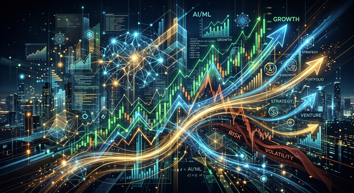 An abstract image representing financial markets, AI technology, and capital allocation. Perhaps intertwining charts, da