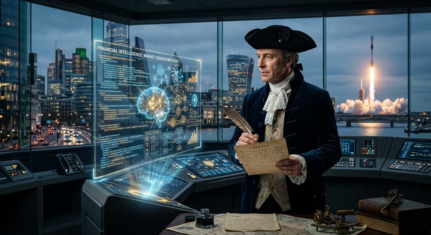 A futuristic scene blending historical espionage with modern AI. A figure (representing James Lovell) in 18th-century at