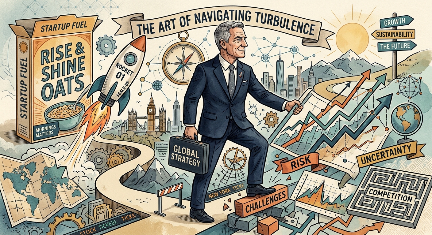 A sophisticated, slightly humorous illustration of a corporate leader looking determined, with elements hinting at globa