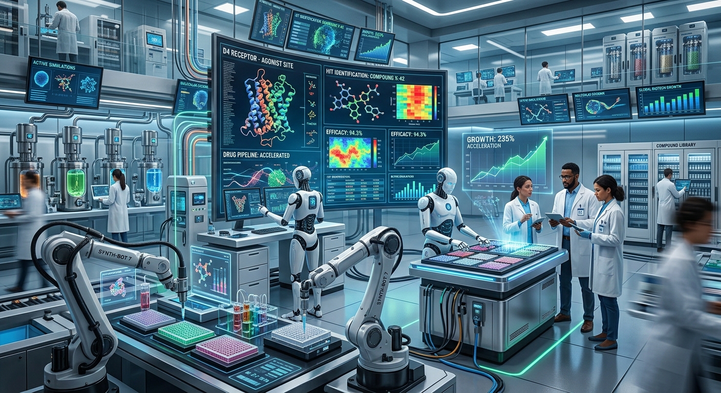 A dynamic and futuristic laboratory where AI robots are actively involved in drug discovery. The scene should convey rap