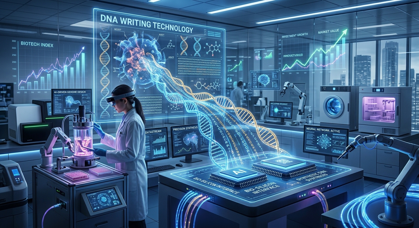 A futuristic laboratory scene where advanced AI interfaces are integrated with biological research equipment. DNA strand